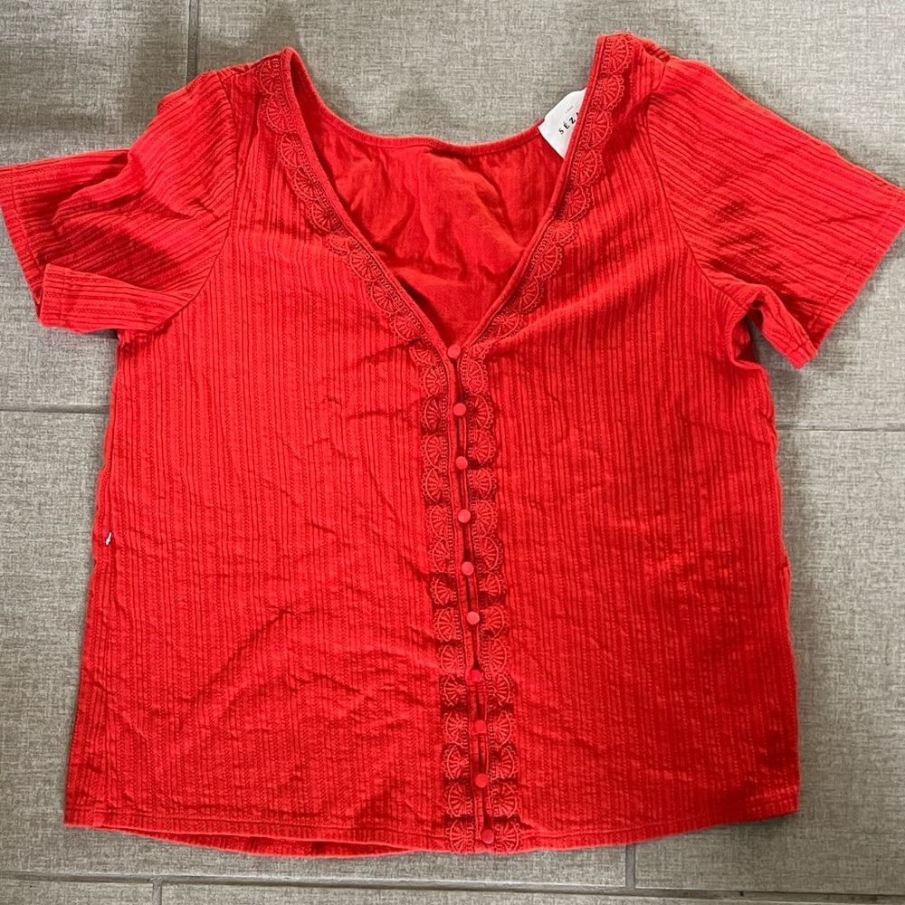 Sezane Red Button-Down Short Sleeve Top